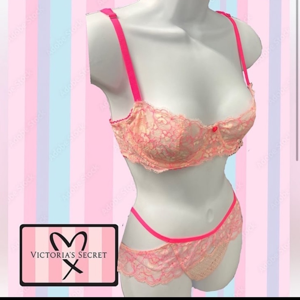 Victoria's Secret Coral and Pink Lace Bra Set